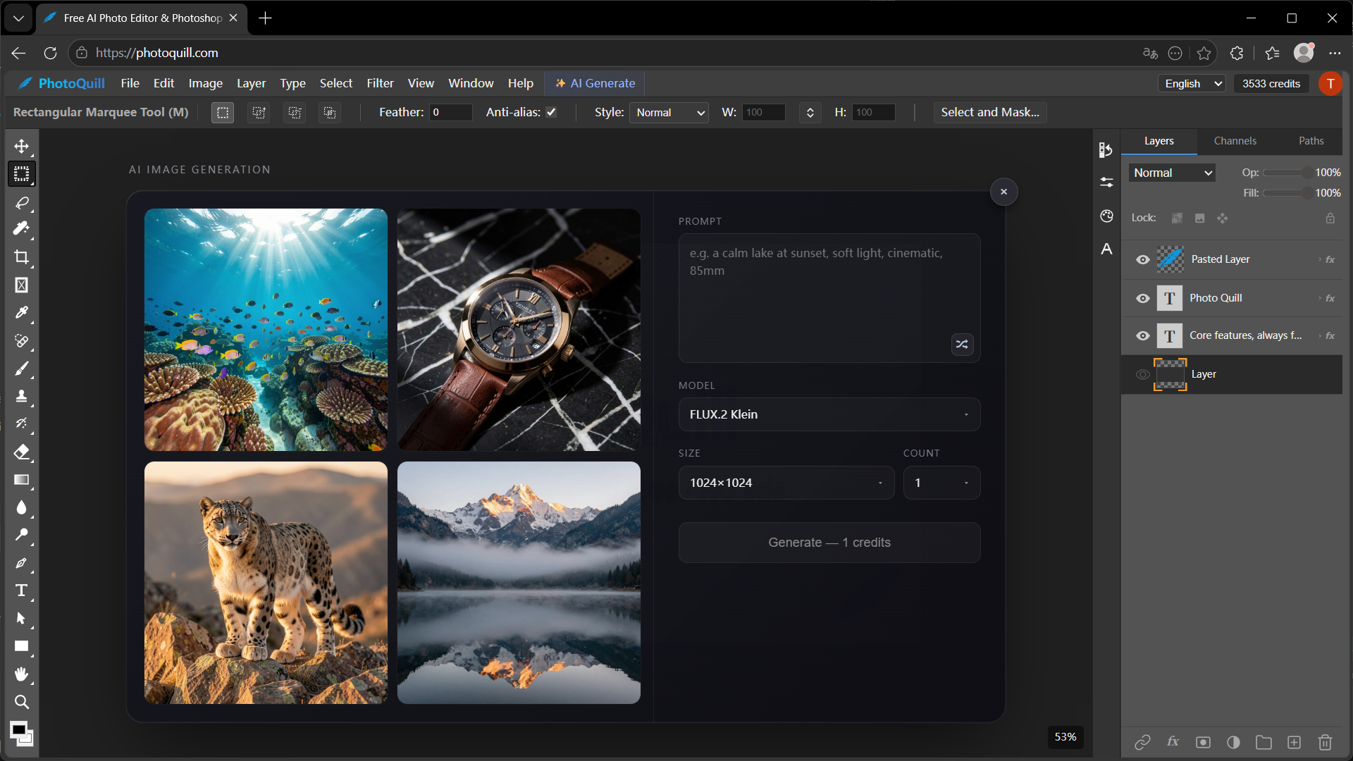 State-of-the-art AI photo editor user interface featuring glowing AI accent colors and smart tools