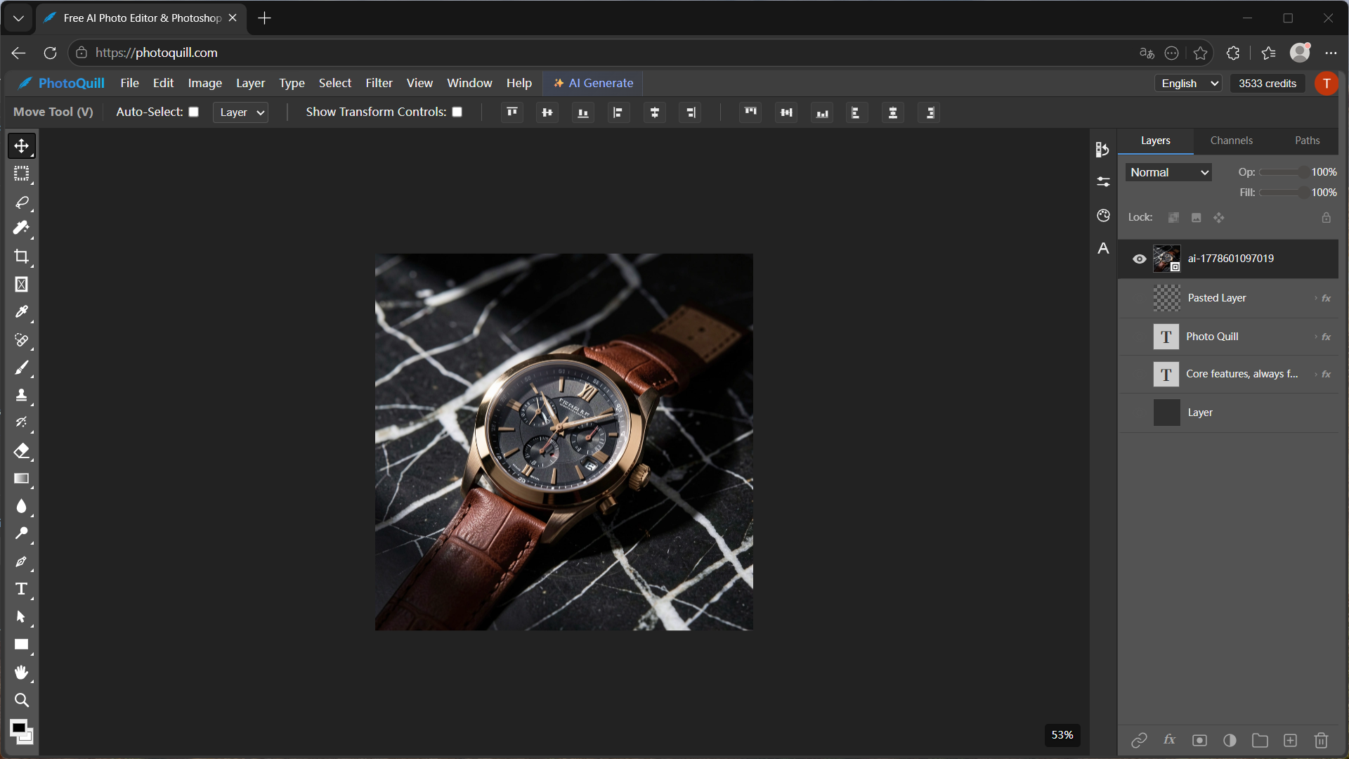 Layer-based photo editing workspace UI showing complex blending modes and tools