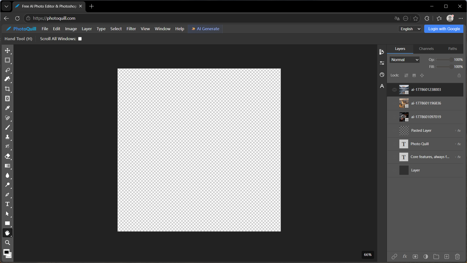 A sleek, modern AI photo editor running directly in a web browser without any login prompts