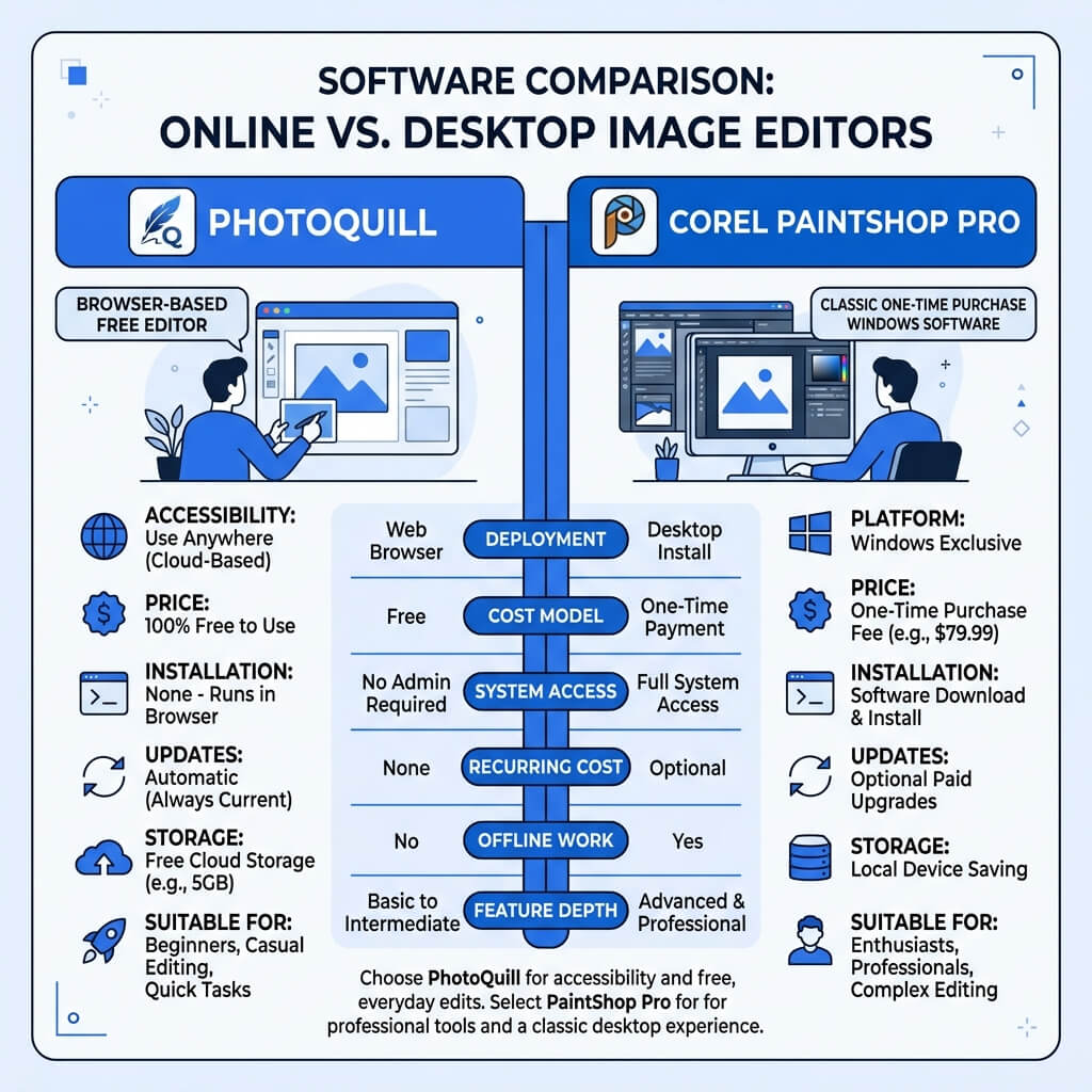 Comparison graphic showing PhotoQuill photo editing software versus Capture One RAW workflow software